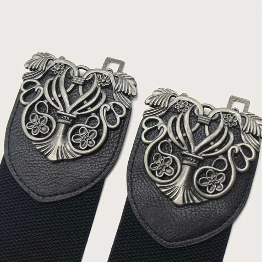 Black Stretch Waist Belt with Decorative Silver-Tone Floral Buckle